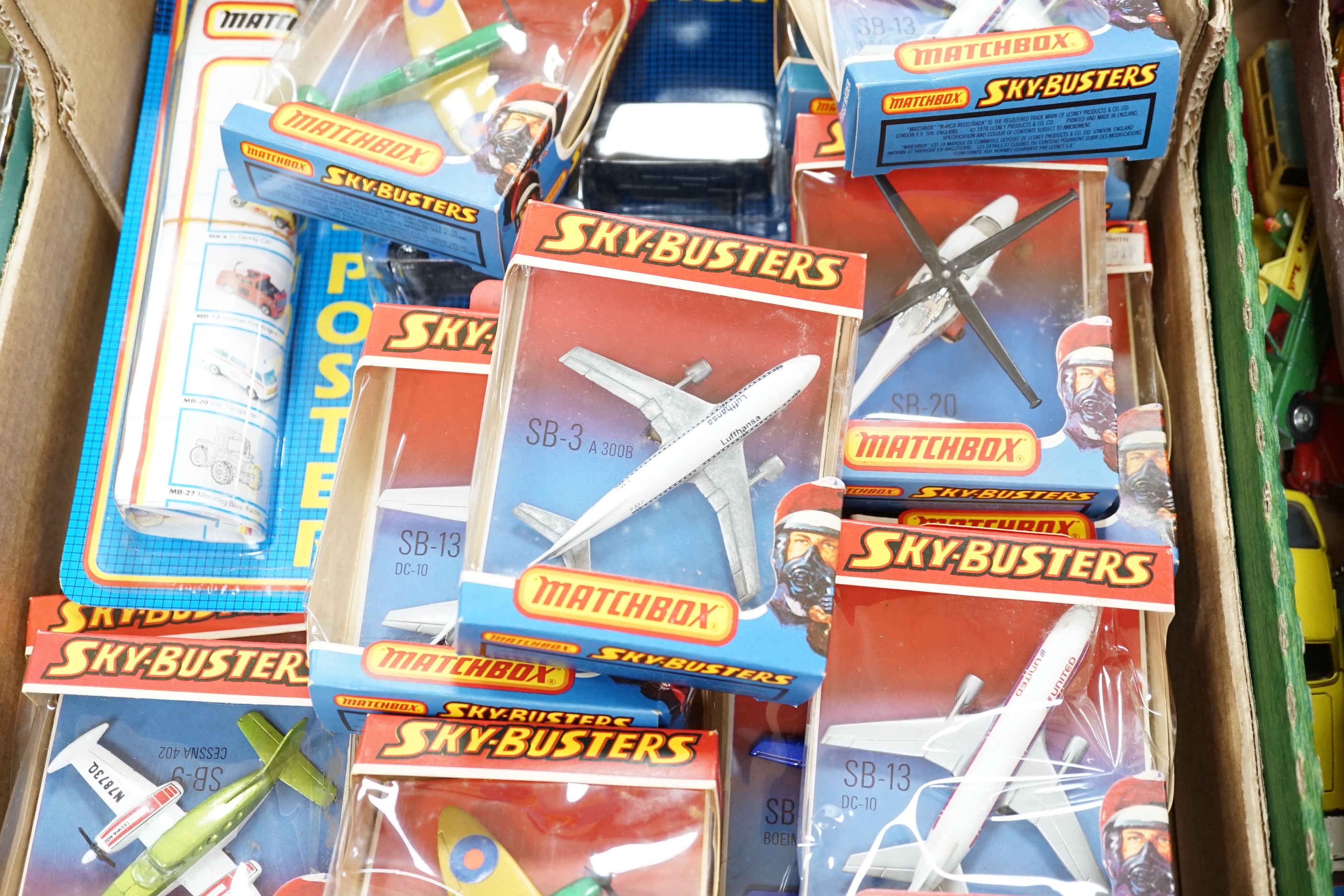 Thirty one boxed 1970s Matchbox Sky Busters diecast aircraft, together with two 1980s Matchbox ‘Super Value Packs’ of diecast vehicles